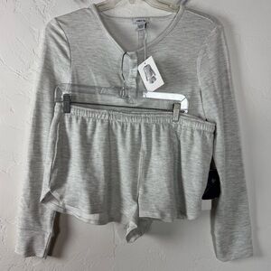 Always You Lounge Set Sweat Shorts Henley Shirt Long Sleeve Waffle Knit Grey Top